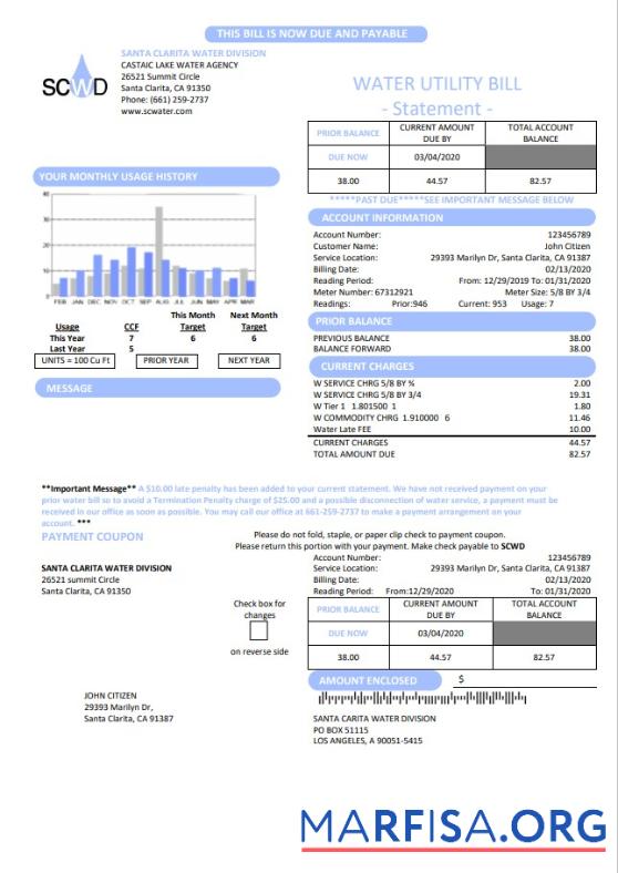 Blank USA California Santa Clarita Water Division (SCWD) utility bill template in Word and PDF format